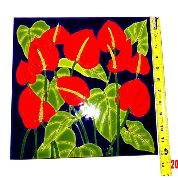 Anthurium Flower Glazed Ceramic Tile 12x12 Beautiful Decorative Blue Red Gao? - Picture 2 of 4